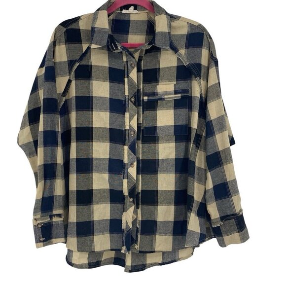 Easel Los Angeles Tops - Easel Womens Small Plaid Frayed Oversized Shirt Beige Black Navy